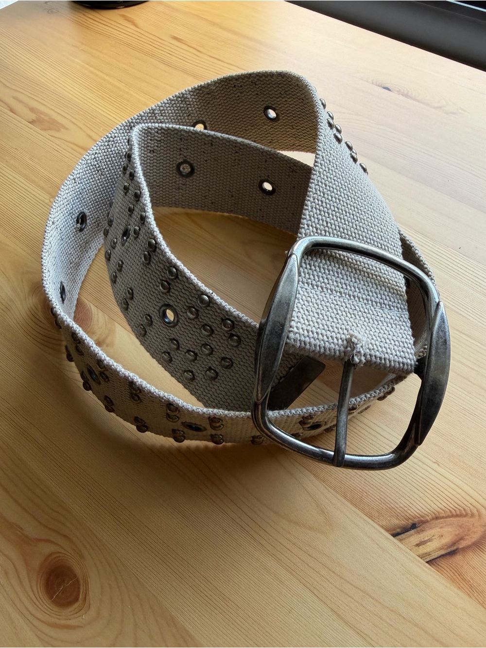 Studded Canvas Belt in Light Beige with Silver Buckle